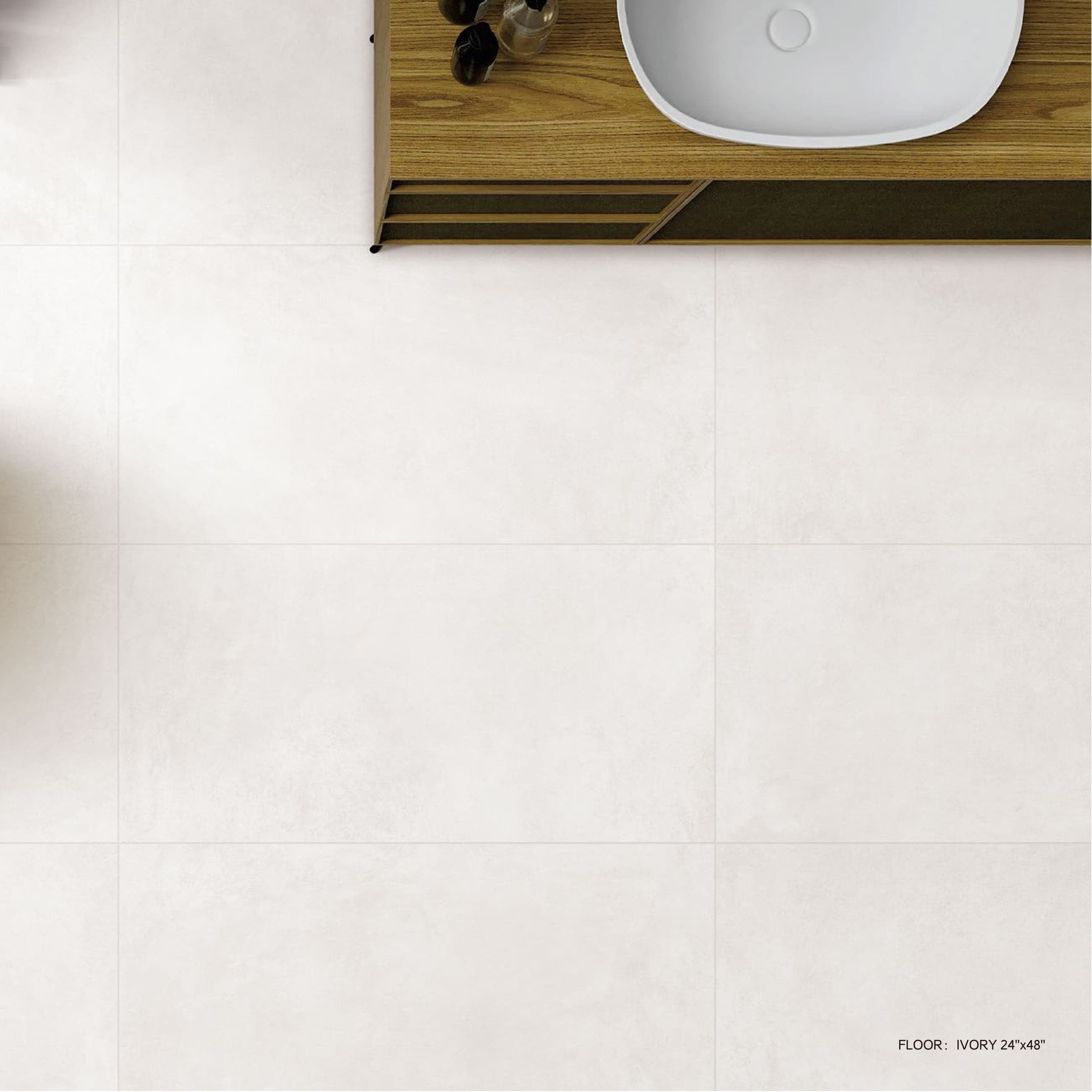 ACE Ivory bathroom floor with wood vanity, seen from above