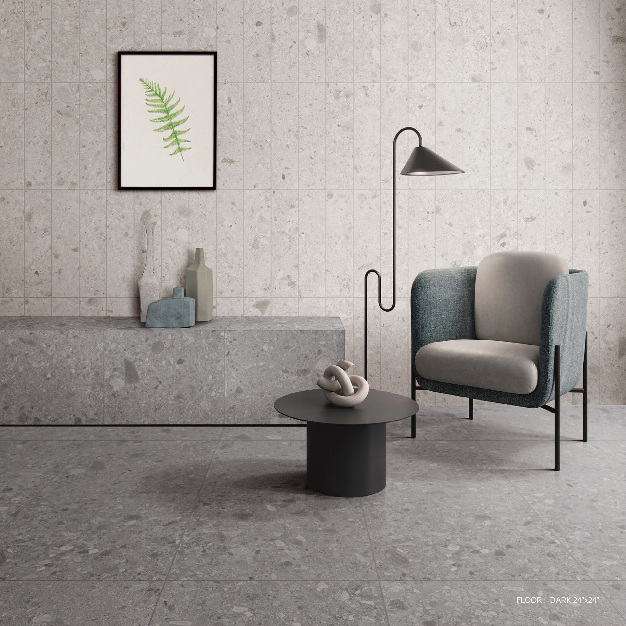 CEPPO Dark tile on floor and mosaic wall in a sitting area