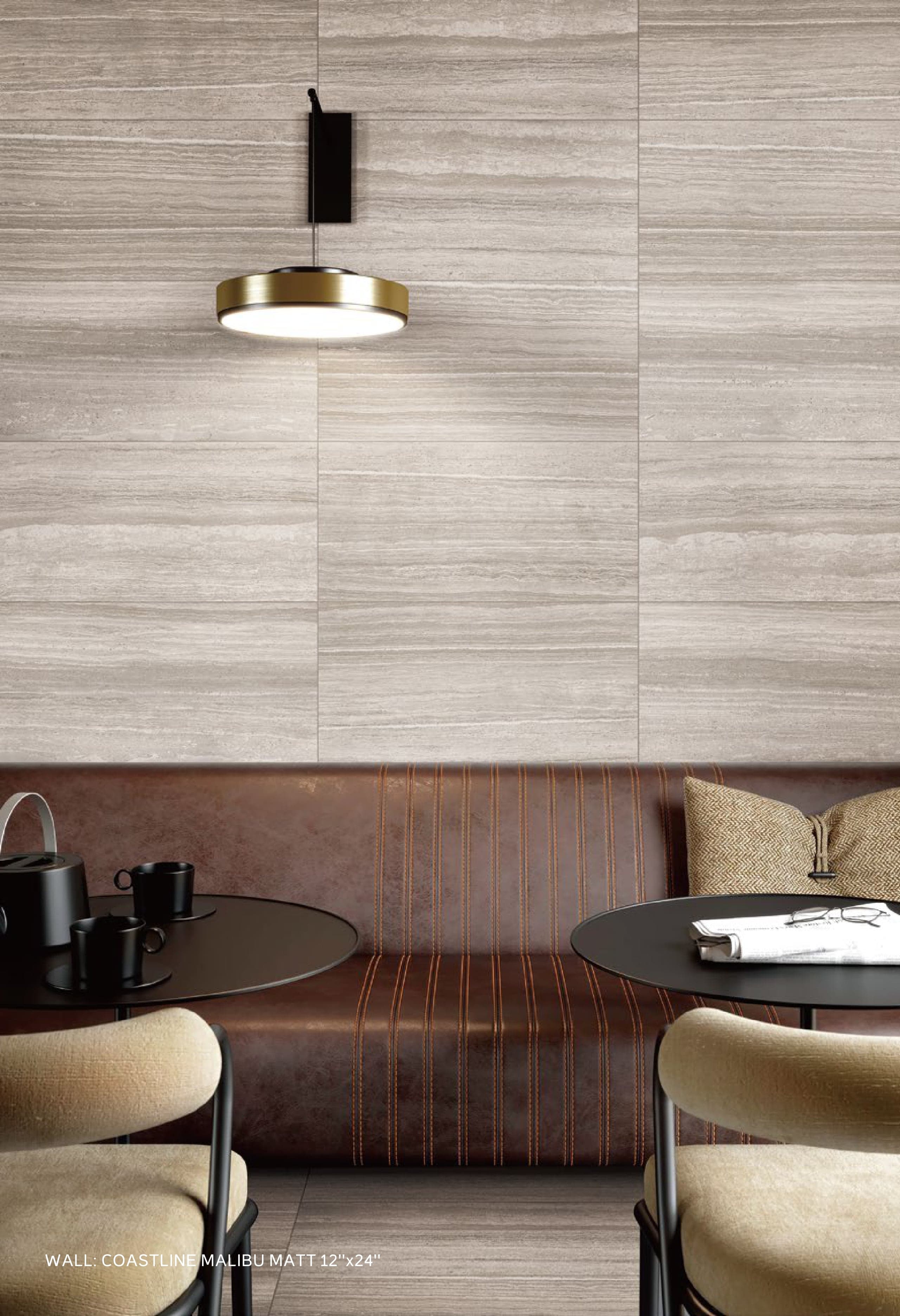 COASTLINE Malibu tile in a cafe corner with leather banquette