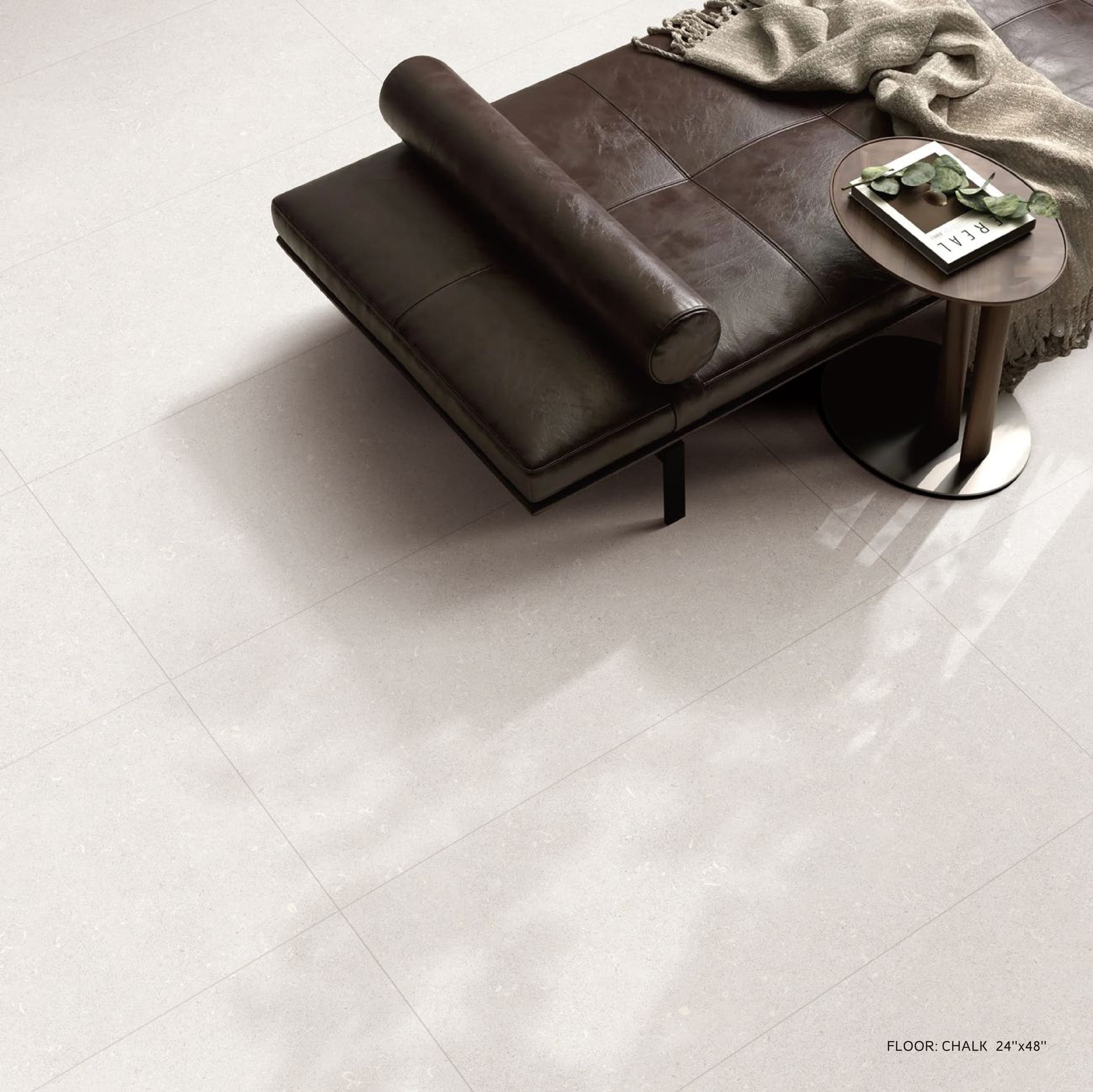 LIMESTONE Chalk floor with leather daybed, seen from above