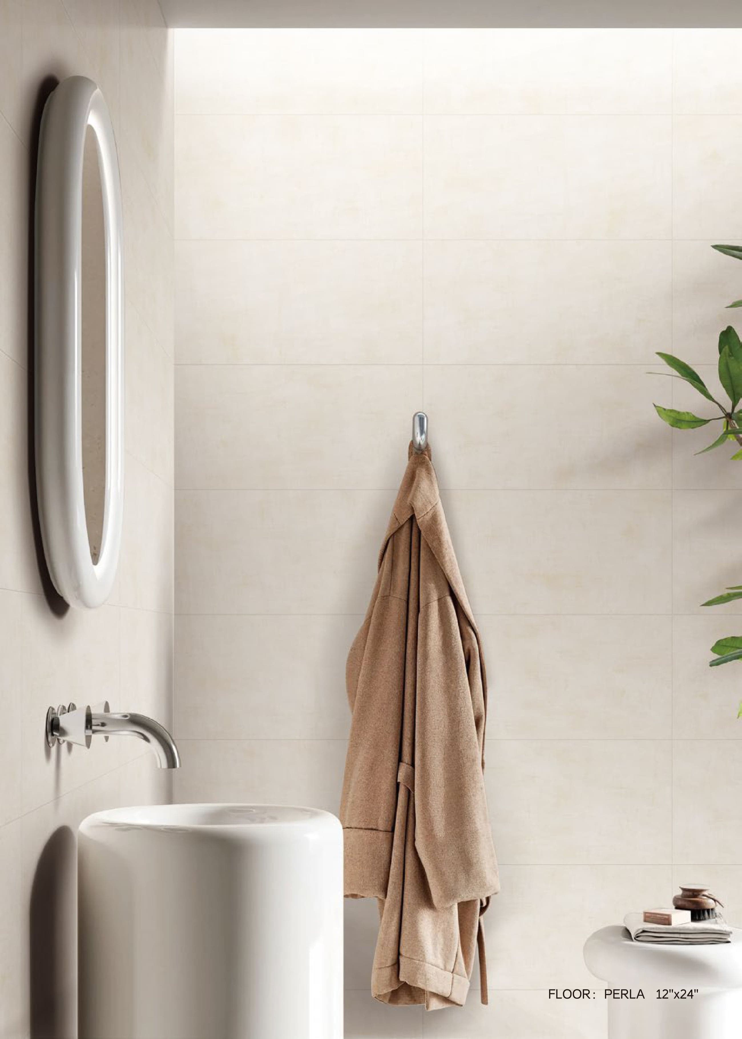 LOFT Perla tile in a bathroom with illuminated mirror