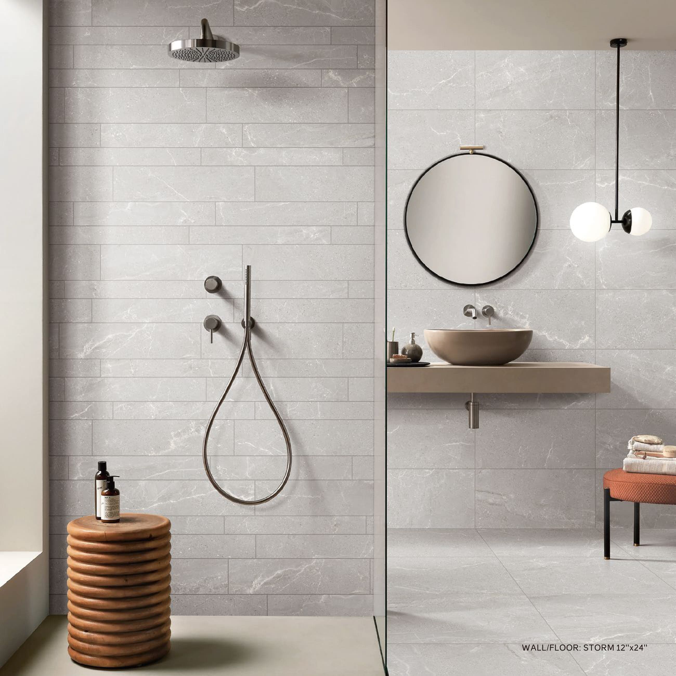 MONZA Storm tile in a modern walk-in shower