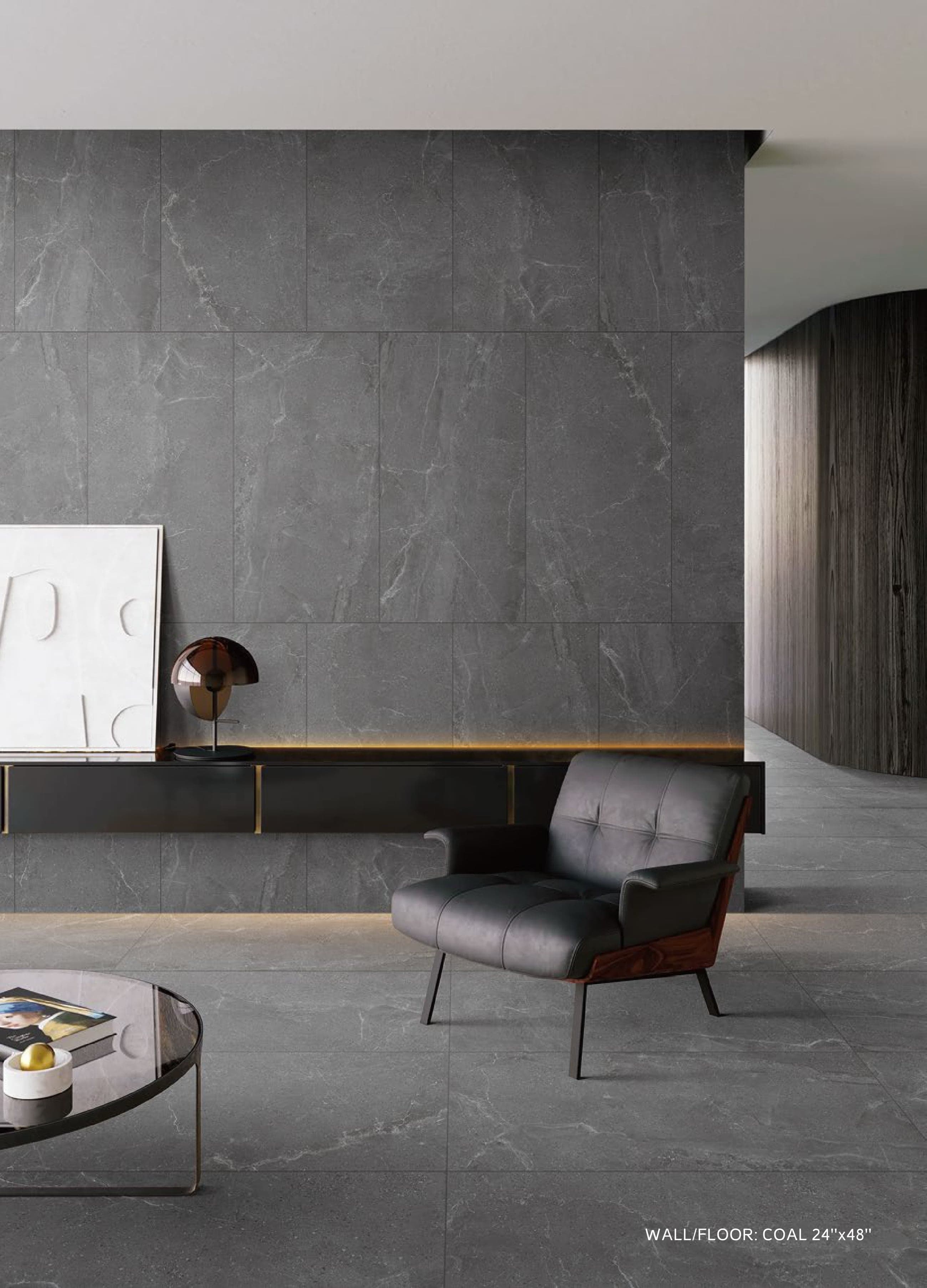 MONZA Coal tile in a dramatic dark lounge