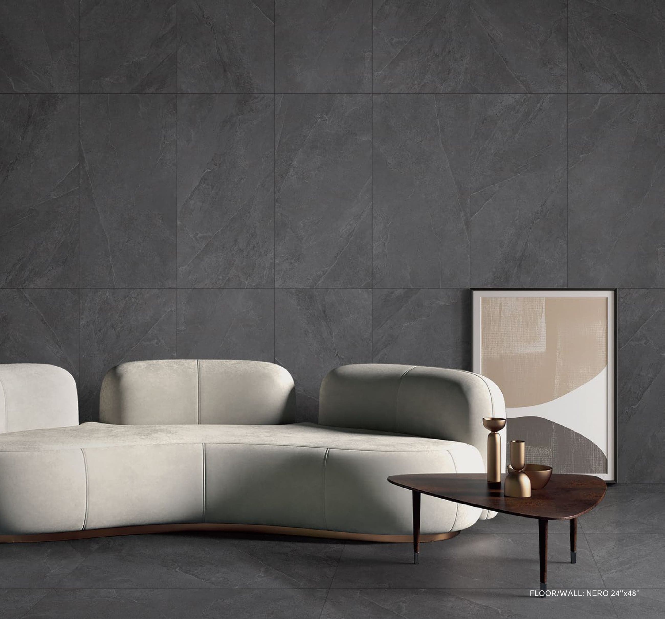 MOTLEY Nero tile in a dramatic dark lounge