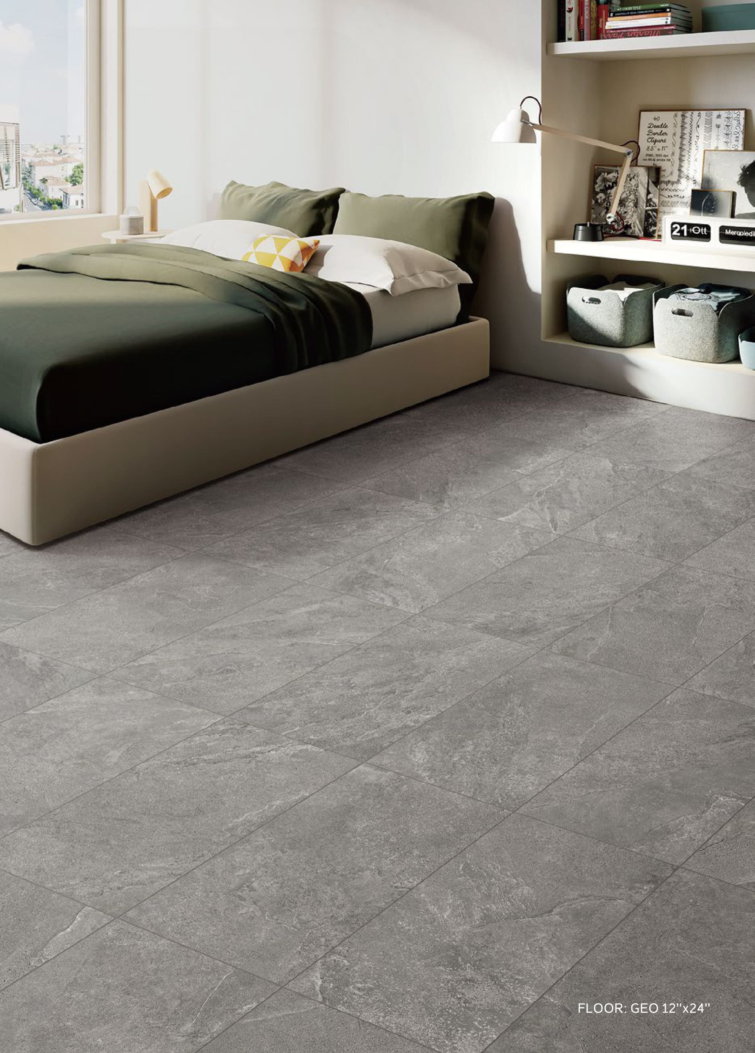 MOTLEY Geo floor in a bright bedroom with platform bed