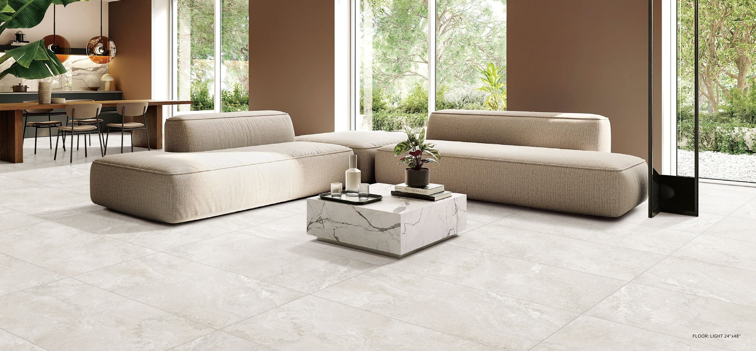 NOVA Light floor in a luxury living room with garden views