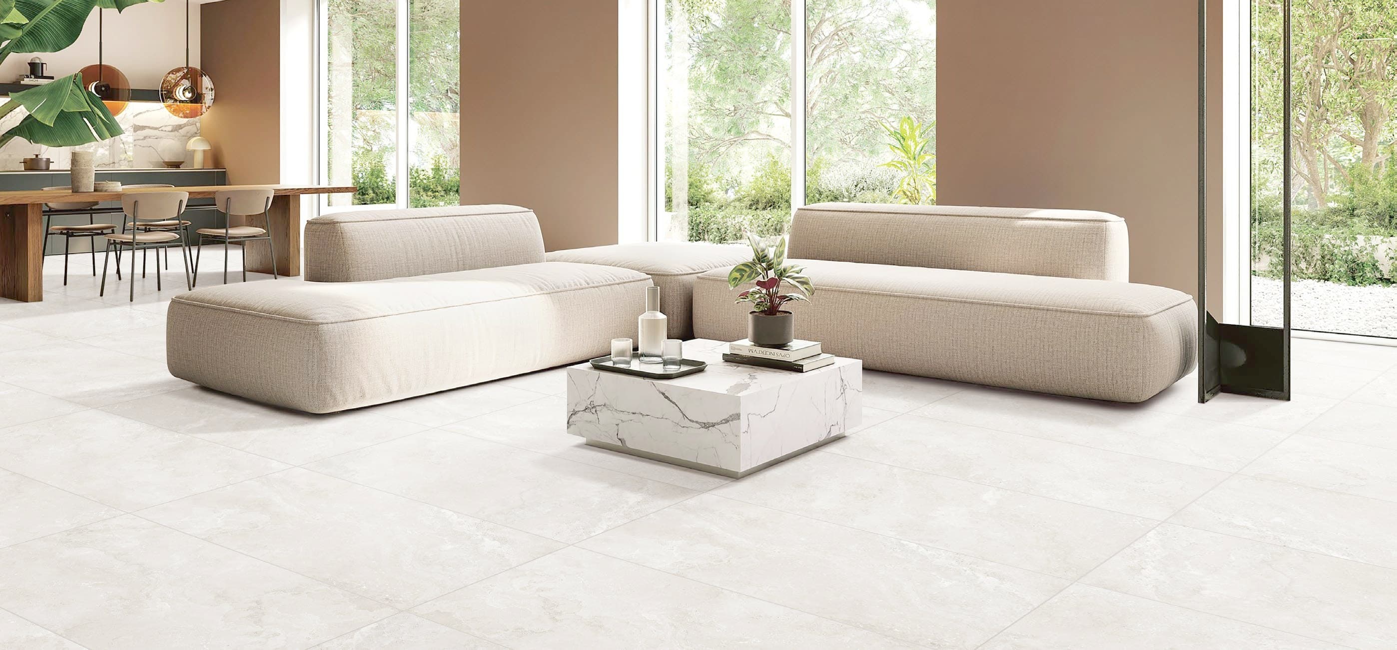 NOVA Light floor in a luxury living room with garden views