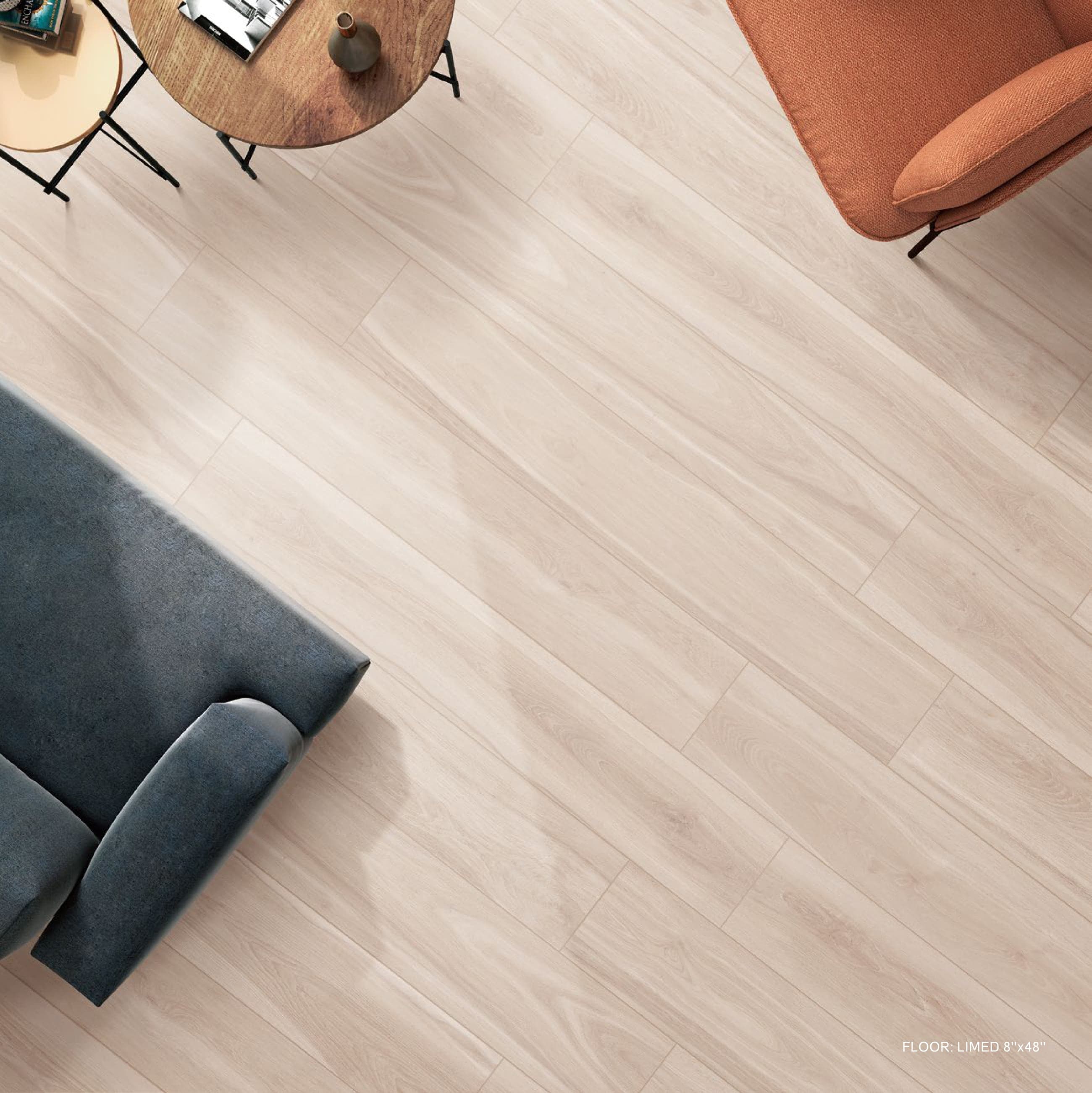 RIVER WOOD Limed plank floor with sofa, seen from above