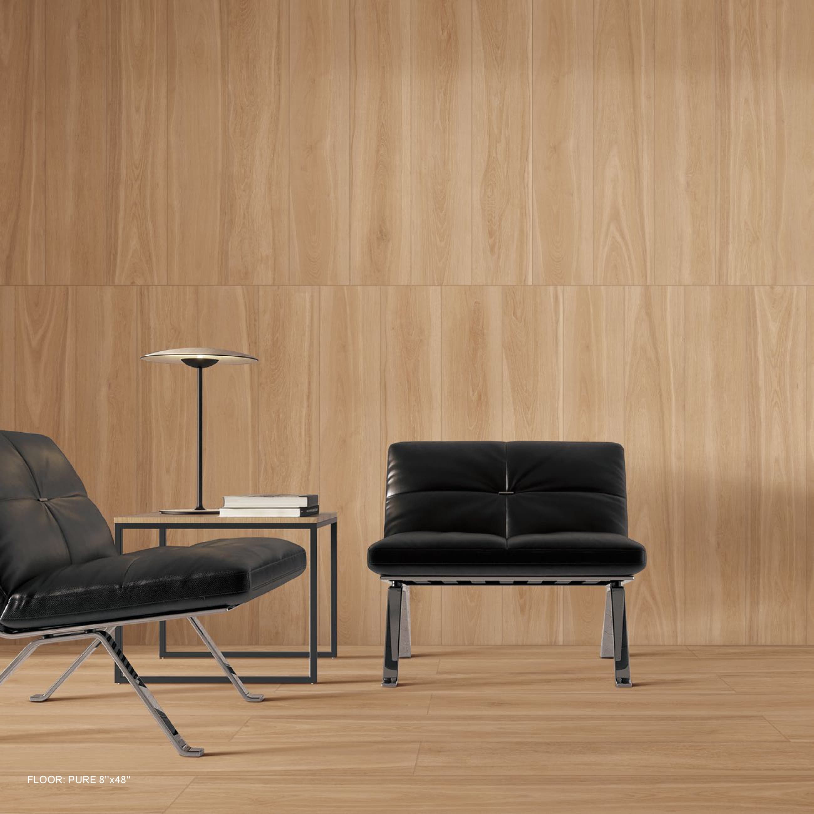 RIVER WOOD Pure planks on wall and floor in a lounge