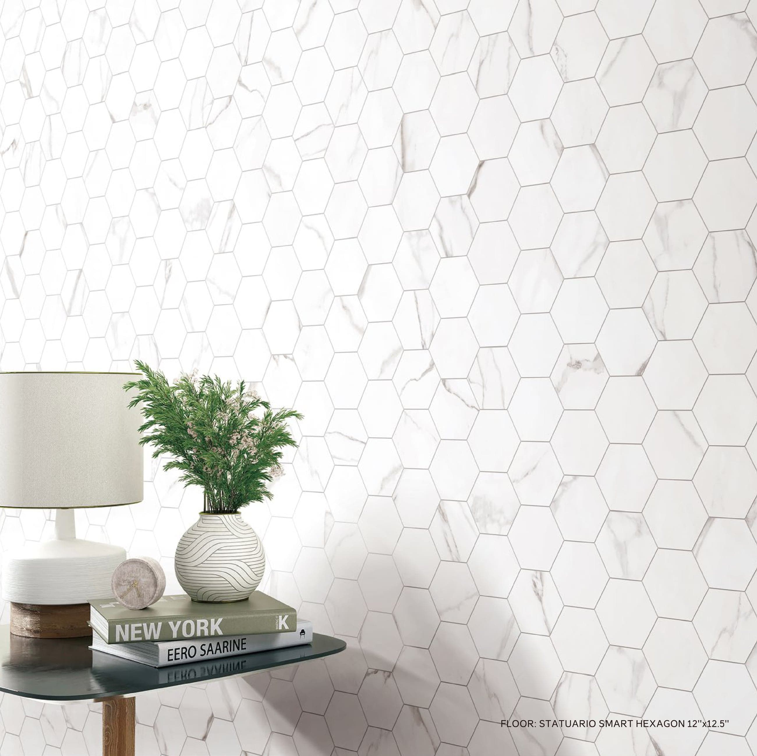 STATUARIO SMART hexagon mosaic wall vignette