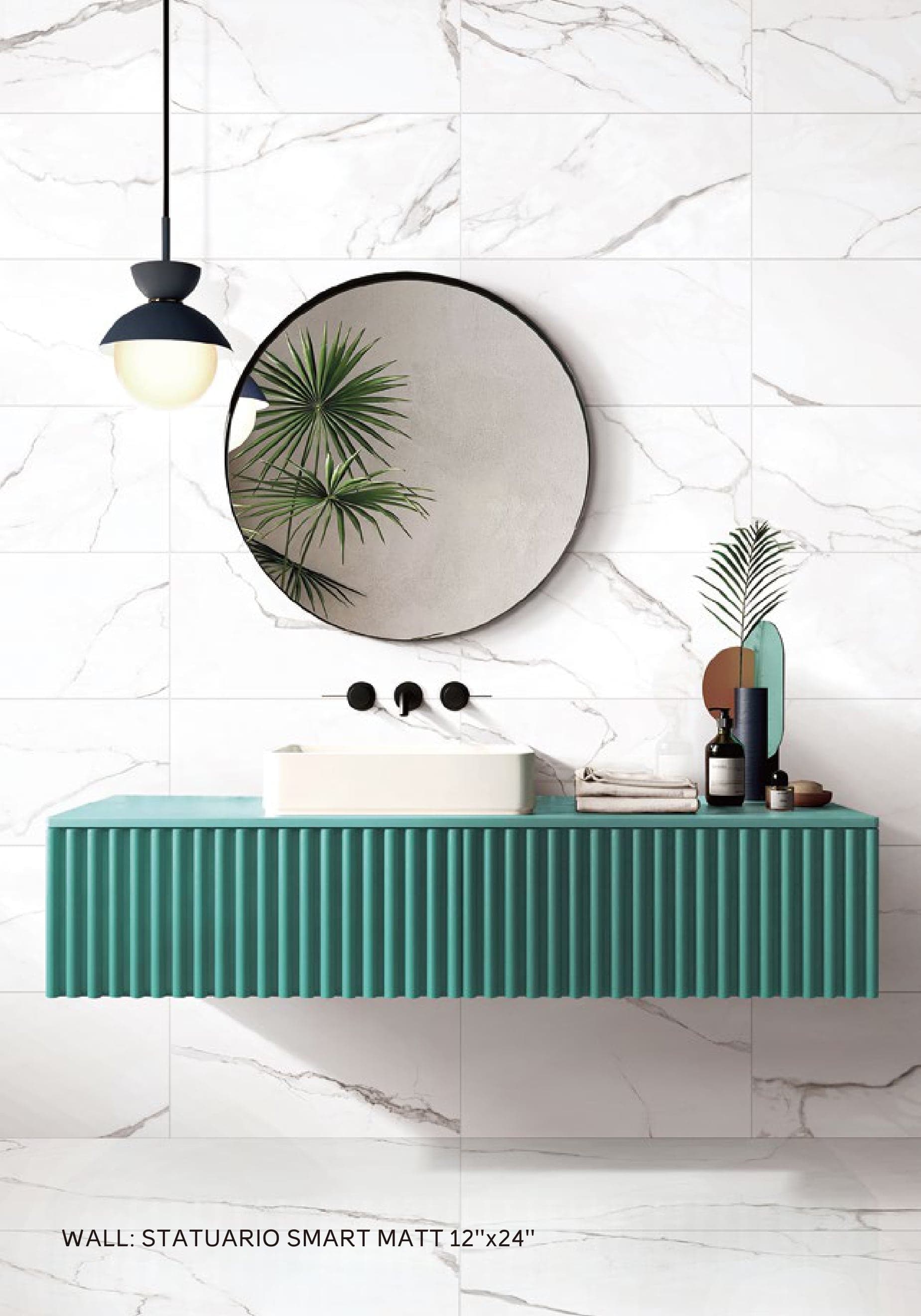 STATUARIO SMART matte wall behind a fluted teal vanity