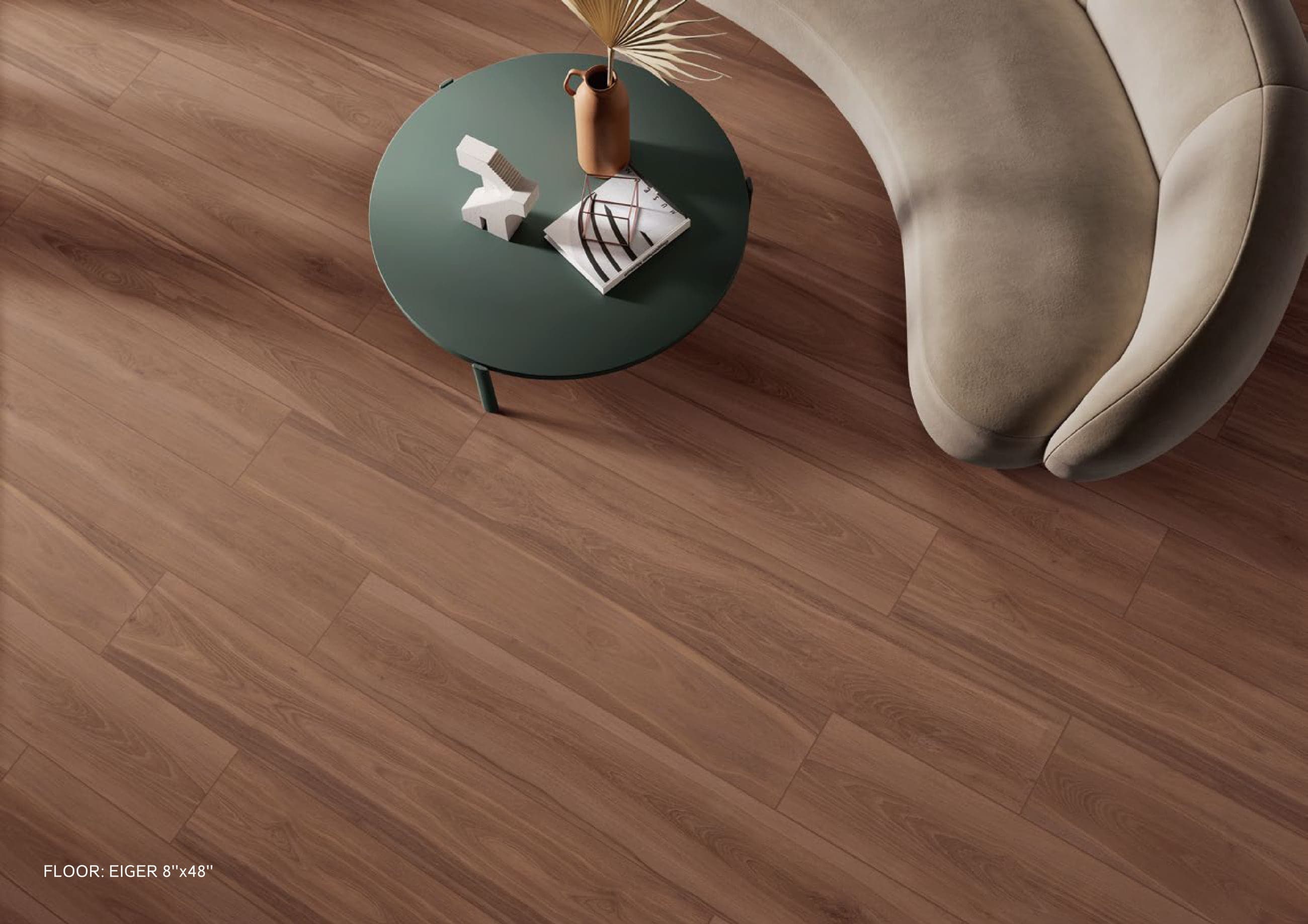 RIVER WOOD Eiger plank floor with a green side table, seen from above